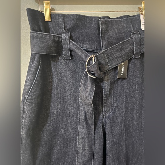 Express 10 Belted Cropped Wide Leg Super High Rise Rinse Denim Womens Jeans NWT - Picture 2 of 5